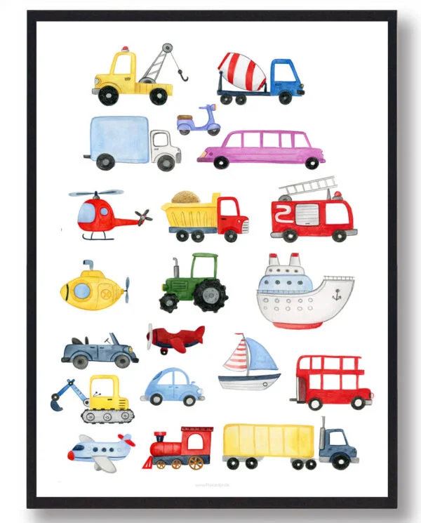 Bil, traktor, fly og både - håndtegnet plakat (Størrelse: L - 50x70cm (B2))