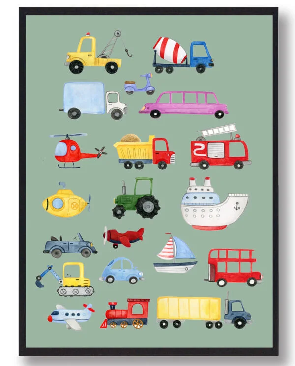 Bil, traktor, fly og både - håndtegnet plakat (grøn) (Størrelse: M - 30x40cm)