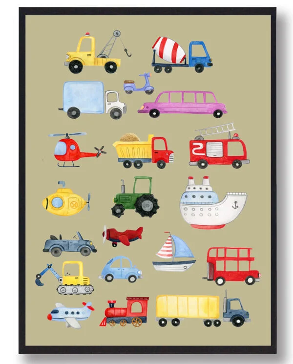 Bil, traktor, fly og både - håndtegnet plakat (gul) (Størrelse: M - 30x40cm)