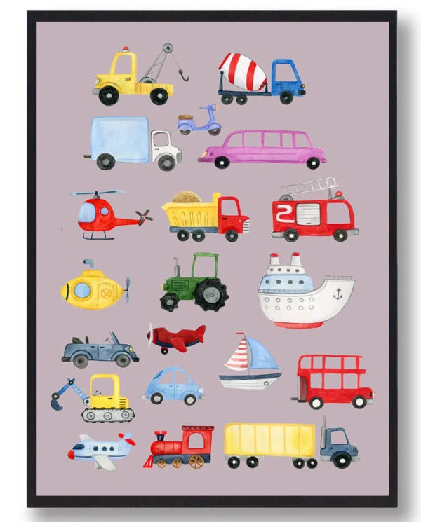 Bil, traktor, fly og både - håndtegnet plakat (lyserød) (Størrelse: M - 30x40cm)