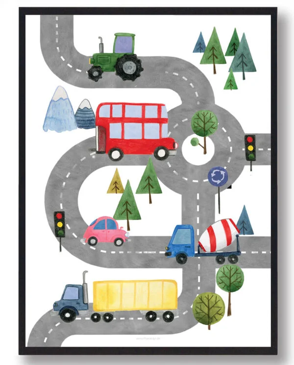 Biler på vejen - håndtegnet plakat (Størrelse: M - 30x40cm)