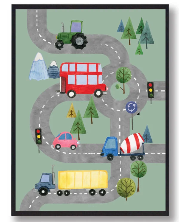 Biler på vejen - håndtegnet plakat (grønt) (Størrelse: M - 30x40cm)