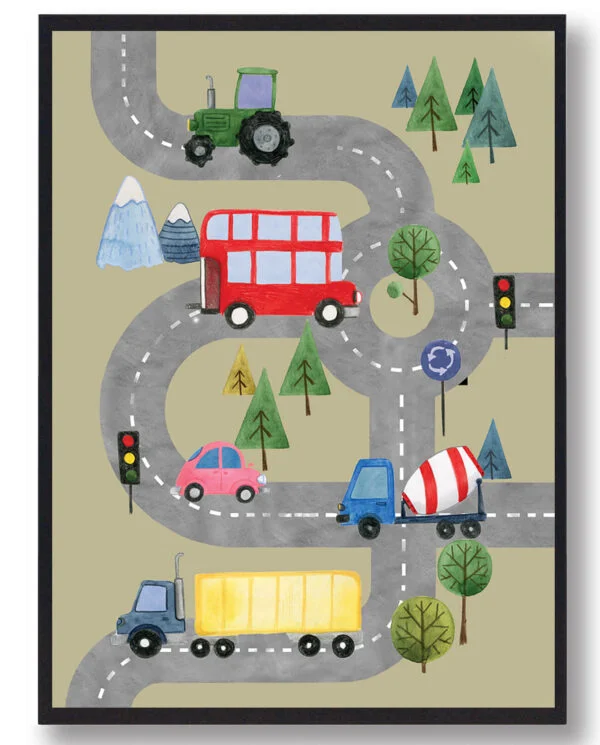 Biler på vejen - håndtegnet plakat (gul) (Størrelse: S - 21x29,7cm (A4))