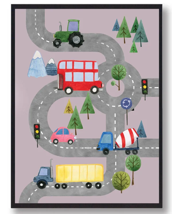 Biler på vejen - håndtegnet plakat (lyserød) (Størrelse: S - 21x29,7cm (A4))