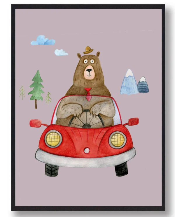 Bjørnen - håndtegnet plakat (lyserød) (Størrelse: S - 21x29,7cm (A4))