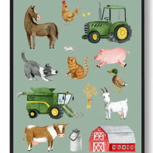 Bondegårdsdyr - håndtegnet plakat (grøn) (Størrelse: M - 30x40cm)