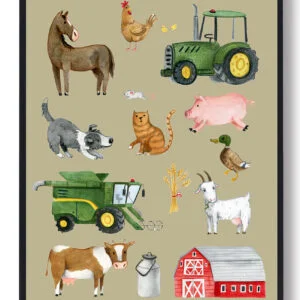 Bondegårdsdyr - håndtegnet plakat (gul) (Størrelse: M - 30x40cm)
