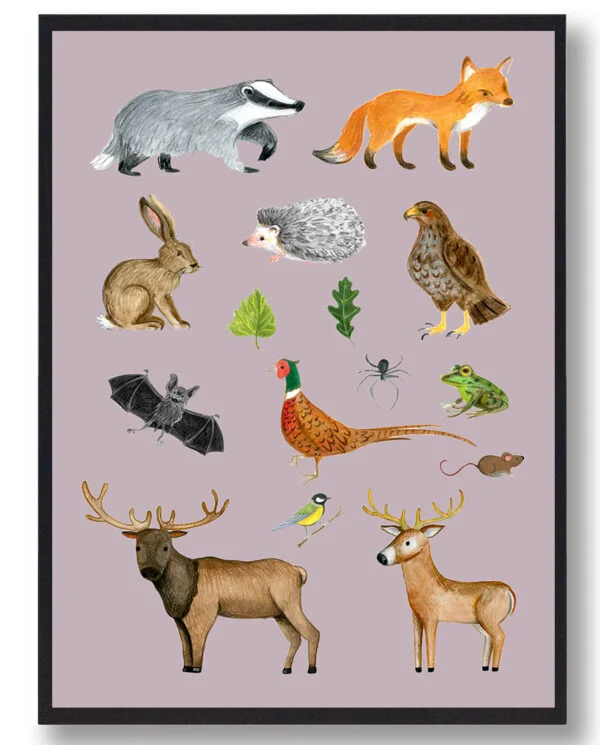 Skovens dyr - håndtegnet plakat (lyserød) (Størrelse: S - 21x29,7cm (A4))