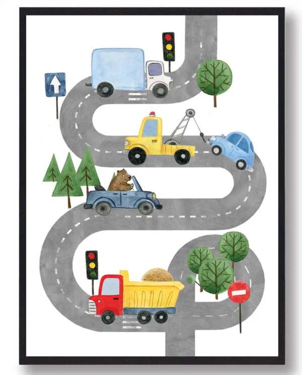 Vejplakat med biler - håndtegnet plakat (Størrelse: M - 30x40cm)