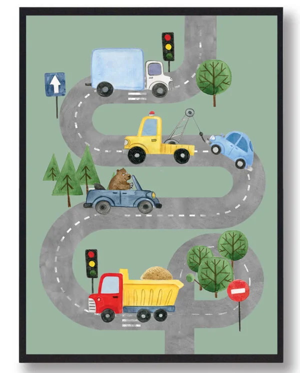 Vejplakat med biler - håndtegnet plakat (grøn) (Størrelse: L - 50x70cm (B2))