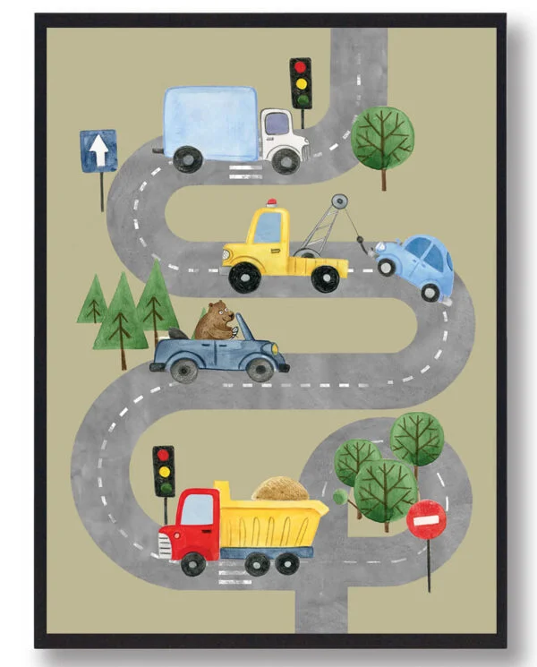 Vejplakat med biler - håndtegnet plakat (gul) (Størrelse: L - 50x70cm (B2))