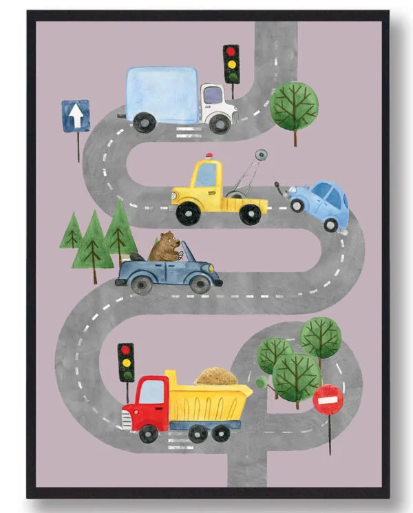 Vejplakat med biler - håndtegnet plakat (lyserød) (Størrelse: S - 21x29,7cm (A4))