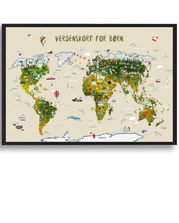 Verdenskort til børn - håndtegnet plakat (Størrelse: M - 30x40cm)