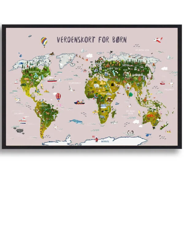 Verdenskort til børn - håndtegnet plakat (Størrelse: S - 21x29,7cm (A4))