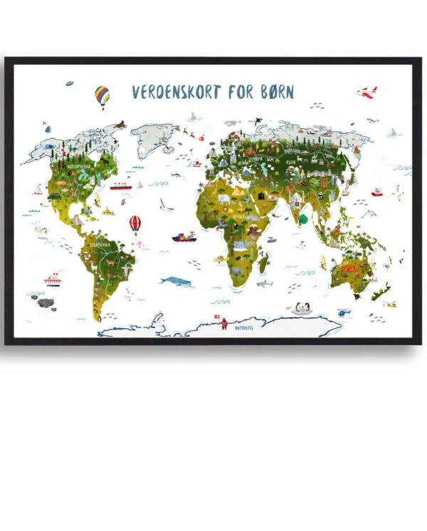 Verdenskort til børn - håndtegnet plakat (Størrelse: S - 21x29,7cm (A4))