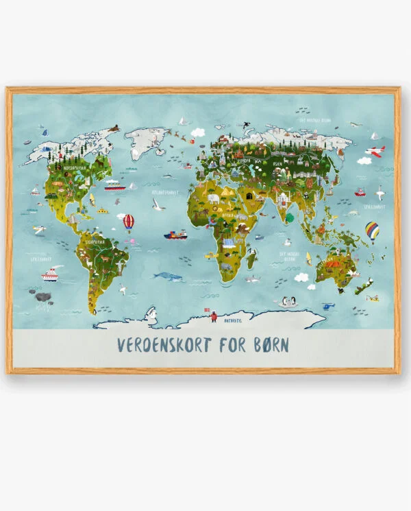 Verdenskort til børn - håndtegnet plakat (Størrelse: S - 21x29,7cm (A4))